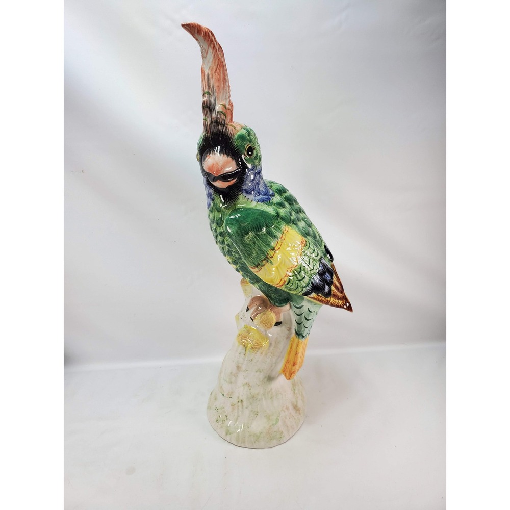 Mottahedeh Parrot Cockatoo Figurine Green Italy Majolica Style Tropical Bird